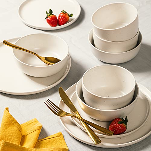 Image of Gibson Elite James Street Stoneware Matte Reactive Double Bowl Dinnerware Set - Sea Salt White, Service for 4 (16pcs)