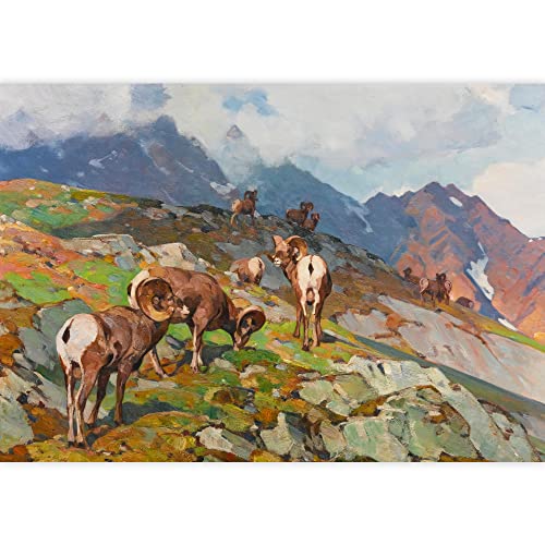 IDEA4WALL Removable Wall Sticker/Wall Mural Ram Sheep Pastel Mountain Range Nature Wilderness Illustrations Fine Art Farmhouse/Country Landscape Rustic for Living Room, Bedroom, Office - 66"x96"