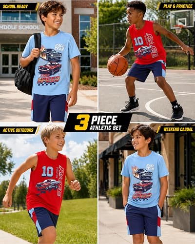 Image of Pro Athlete Boys Active Shorts Set - 3 Piece Athletic Dry Fit Graphic Tees Tank Tops and Basketball Shorts for Boys