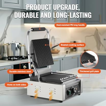 VEVOR kommerzieller Panini-Grill, 1,8 kW elektrischer Sandwich-Panini-Maker, Sandwich-Pressgrill Edelstahl, Panini-Grill mit Temperaturregelung & 23 x 23 cm großer, voll gerillter Emaille-Platte – Bild 4