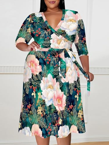 Image of PinkPatty Women's Plus Size Maxi Dress Print 3 /4 Sleeves V Neck Party Sundress Wedding Guest Dresses