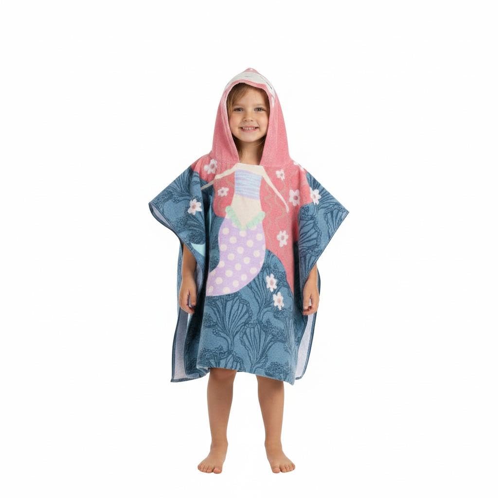A2Z 4 Kids Girls Towel Poncho Mermaid Cotton Absorbent Hooded Towel Bathrobe Swimming Wrap Changing Robe Comfortable Lightweight Soft Feel Bath Towel Beach Poncho For Kids