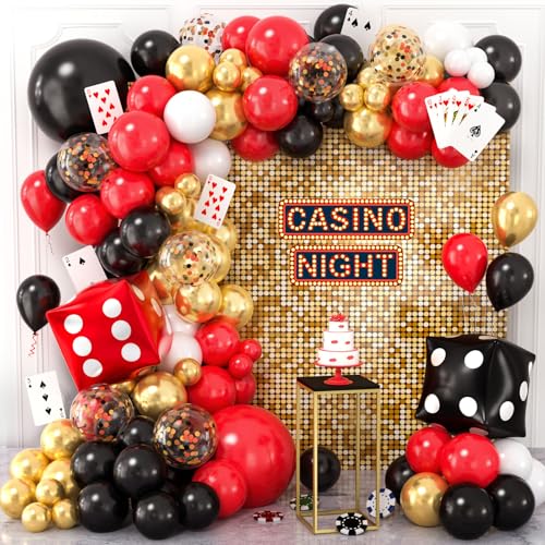 Casino Decoration Anniversaire - 131pcs Deco Fete avec Ballons Rouge Noir Doré Accessoires Arche Ballon Dés Cartes Poker pour Soirées Casino Clubs Las Vegas...
