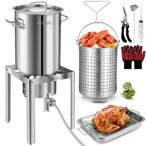 AOSION 30QT Stainless Steel Turkey Fryer&Seafood Boil Pot with 55,000BTU Propane Burner for Outdoor Cooking of Turkey,Crab,Lobster and Shrimp (30QT)
