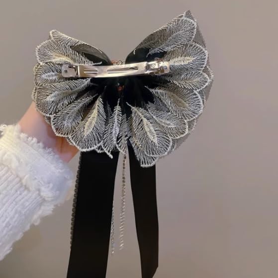 Temperament lace hair clips female super fairy long ribbon spring clip back of the accessories