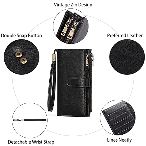 Image of GOIACII Large Wallet for Women Leather Wristlet Black | RFID Blocking, Multi-card Slots, Detachable Wrist Strap, Trifold Clutch Purse