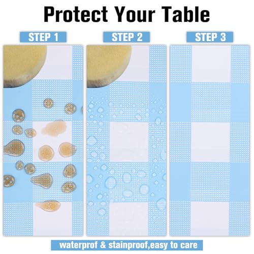 Image of Kesfey 12 Packs Light Blue Gingham Tablecloth Pale Blue and White Checkered Tablecloths 54 x 108 Inch Disposable Plastic Gingham Tablecovers Waterproof Rectangle Picnic Table Cover for Birthday Party