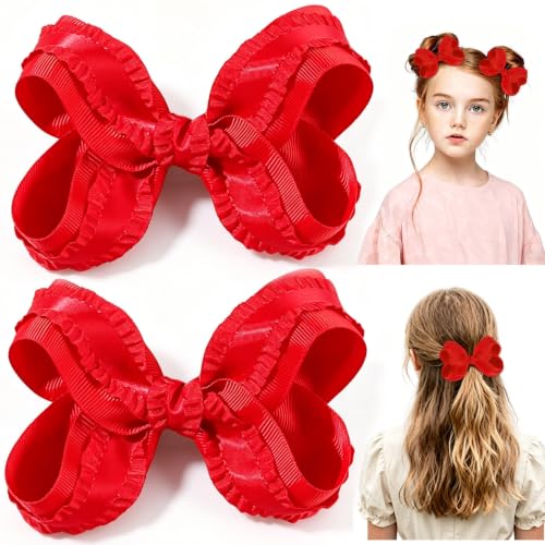 PABOBIT 2PCS Grosgrain Ribbon Hair Bows for Girls, 5 Inch Aligator Bow Clips, No-Slip Bow for Hair, Solid Color Hair Accessories for Girls,Toddlers, Kids and Teens- Red