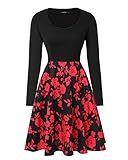 Womens Vintage Midi Dress Floral Long Sleeve A-line Cocktail Party Swing Dress with Pockets Black