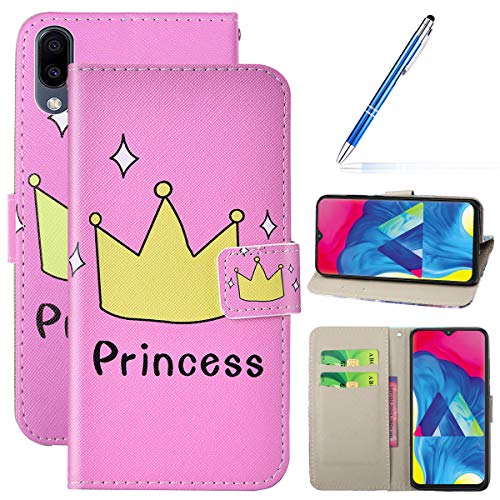 Robinsoni Case Compatible with Samsung Galaxy M20 Cover PU Leather Case Folio Flip Wallet Cover with Kickstand Hand Strap Card Slots Cartoon Magnetic Notebook Cover Wallet Case for Galaxy M20,Crown