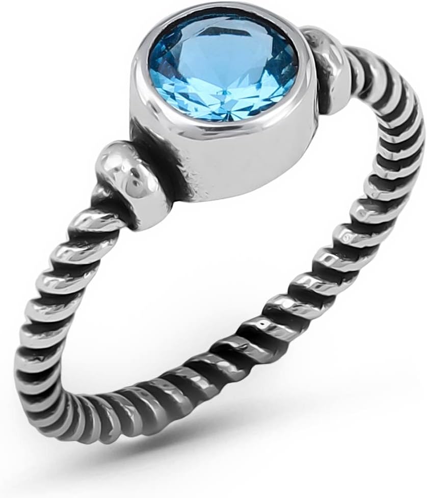 Genuine Solid 925 Sterling Silver Round Shape Brilliant Cut Cz Cubic Zirconia Simulated Blue Aquamarine Stone Luxury Statement, Anniversary, Promise, Birthstone or Gift for All Occasions Dainty Ring for Women