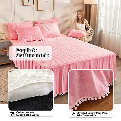 Liferevo Luxury Velvet Diamond Quilted Fitted Bed Sheet 3 Side Coverage 18 Inch Drop Dust Ruffle Bed Skirt With Pompoms Fringe (Queen Pink) #TOP2