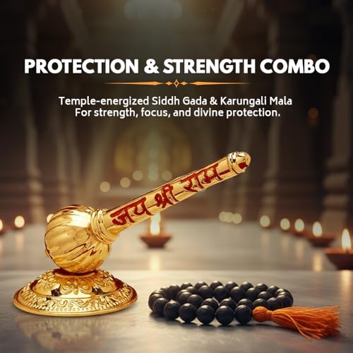 Image of VAMA Protection & Strength Combo | Siddh Hanuman Ji Gada & Karungali Mala Original 108 Beads - Authentic Hindu Temple Energized Spiritual Set for Power, Focus, Strength & Protection