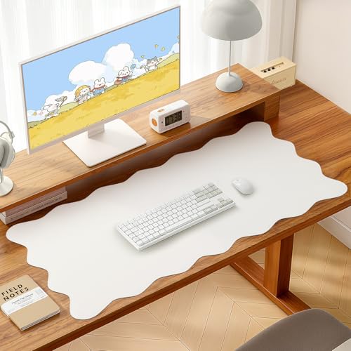 Image of PU Leather Desk Pad, Scalloped Non-Slip Mouse Pad & Large Desk Mat Cover Stitched Edges Writing Pad for Office, Home - Waterproof, Easy to Clean, Durable Surface I 31.4 inchx15.7 inch, Ivory White