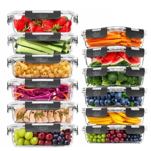 Vitrel 12 Pack Glass Containers with Lids Durable Glass Tupperware - Airtight Glass Meal Prep Containers BPA-Free Glass Storage Containers With Lids For Microwave Oven Freezer and Dishwasher