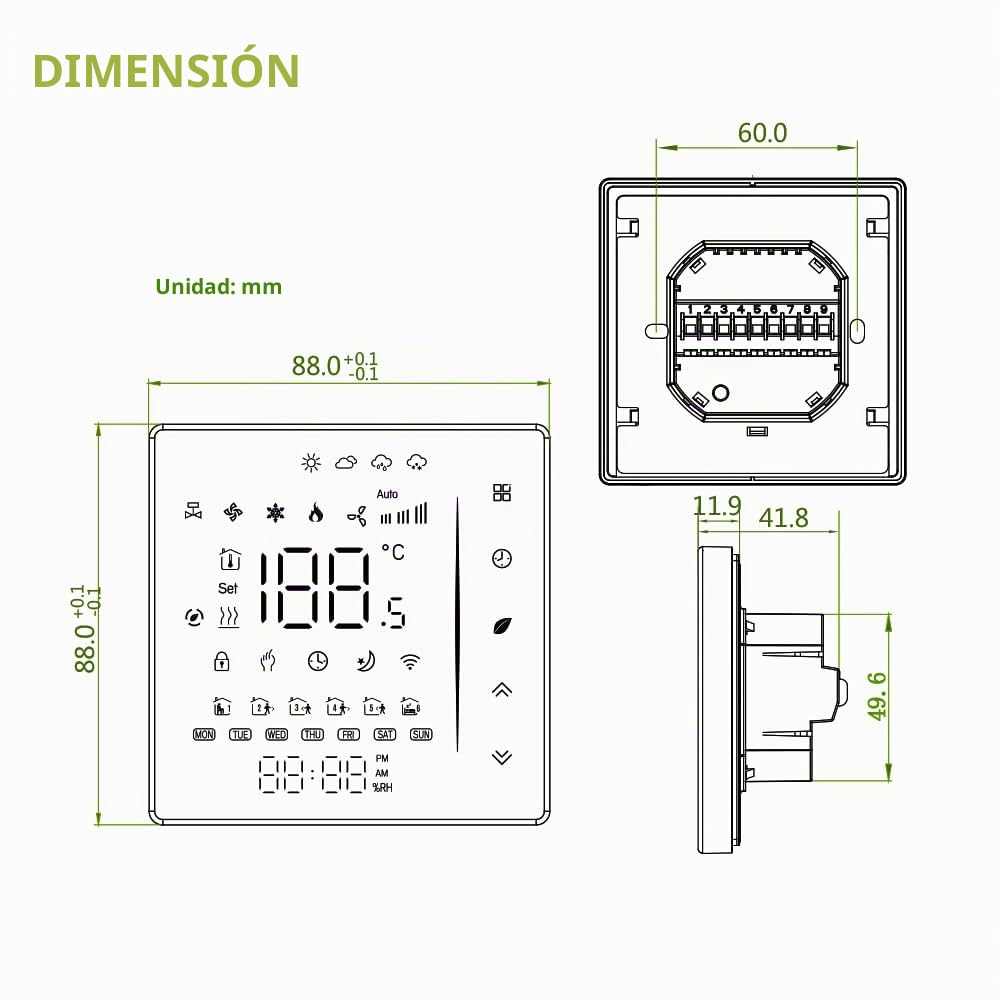 WiFi Termostato para climatización con 2-Tubos, 95-240V, Alexa | Control remoto mediante app Smart Life, compatible con Google Home, control por voz, para sistemas HVAC.