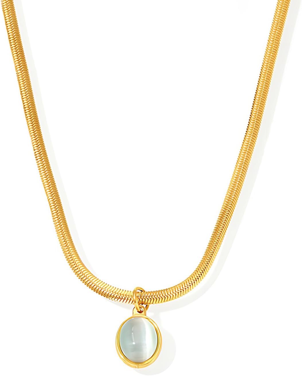 Gold Stainless Steel Snake Chain Necklace with Aquamarine Pendant, Adjustable Jewelry for Women