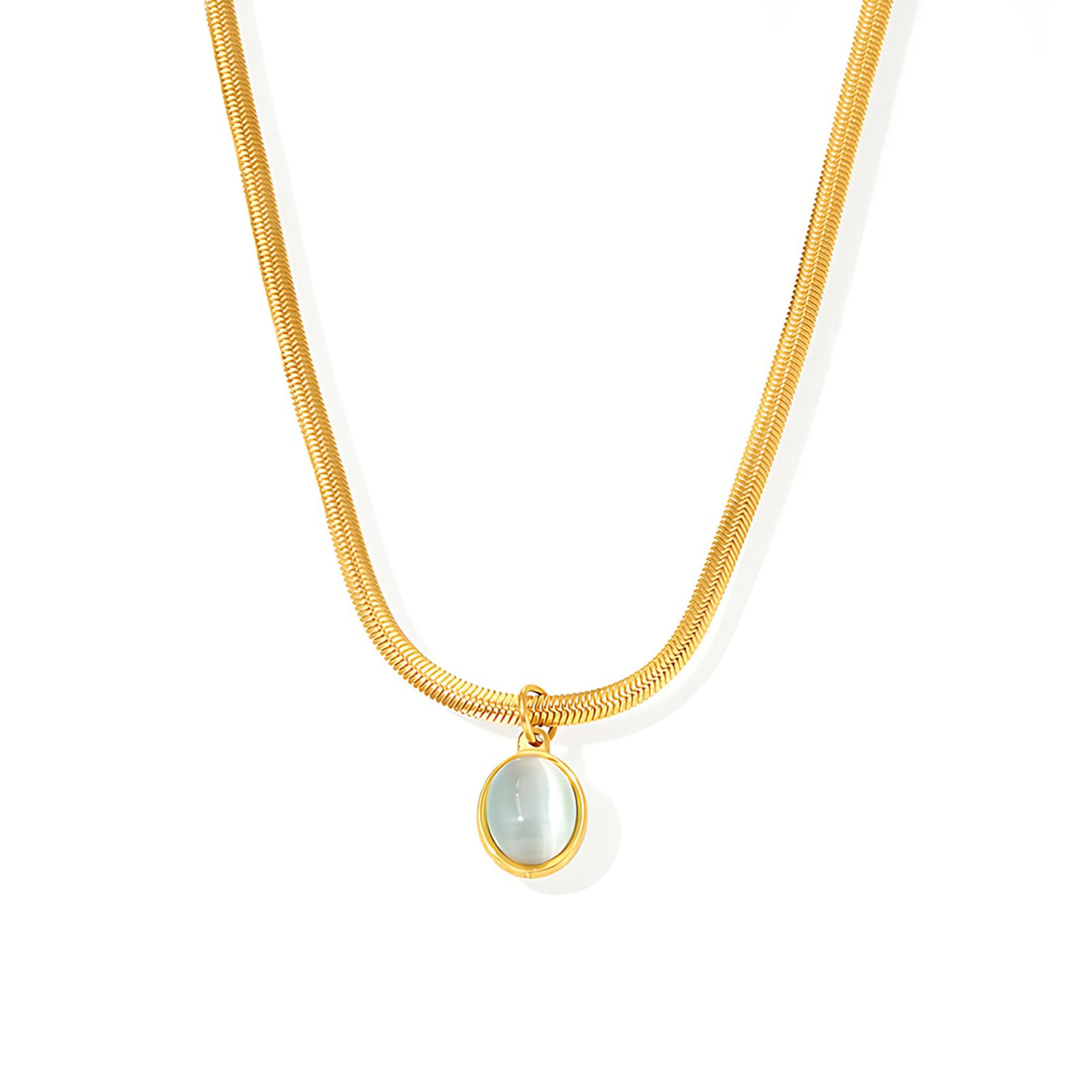 Unurgoonit Gold Stainless Steel Snake Chain Necklace with Aquamarine Pendant, Adjustable Jewelry for Women