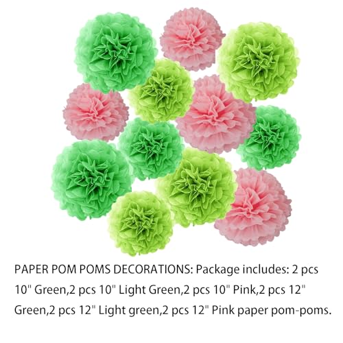 Image of Aimto 12pcs Green Light Green and Pink Paper Pom Poms Decorations for Party Ceiling Wall Hanging Tissue Flowers Decorations - 3 Colors of 12 Inch, 10 Inch
