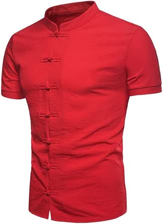 Chemise en lin pour homme - Style bohème léger - Col montant - Costume de pirate - Boutonné - Haut à revers - Chemise en lin - Chemise en coton - Décontractée