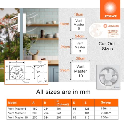 Image of LEDVANCE Exhaust Fan | Suitable for Kitchen, Bathroom & Offices | Silent Operation | Low Power Consumption | Automatic Shutter Louvers | High-Efficiency Motor | 2 Year Warranty (200 mm - 2026)