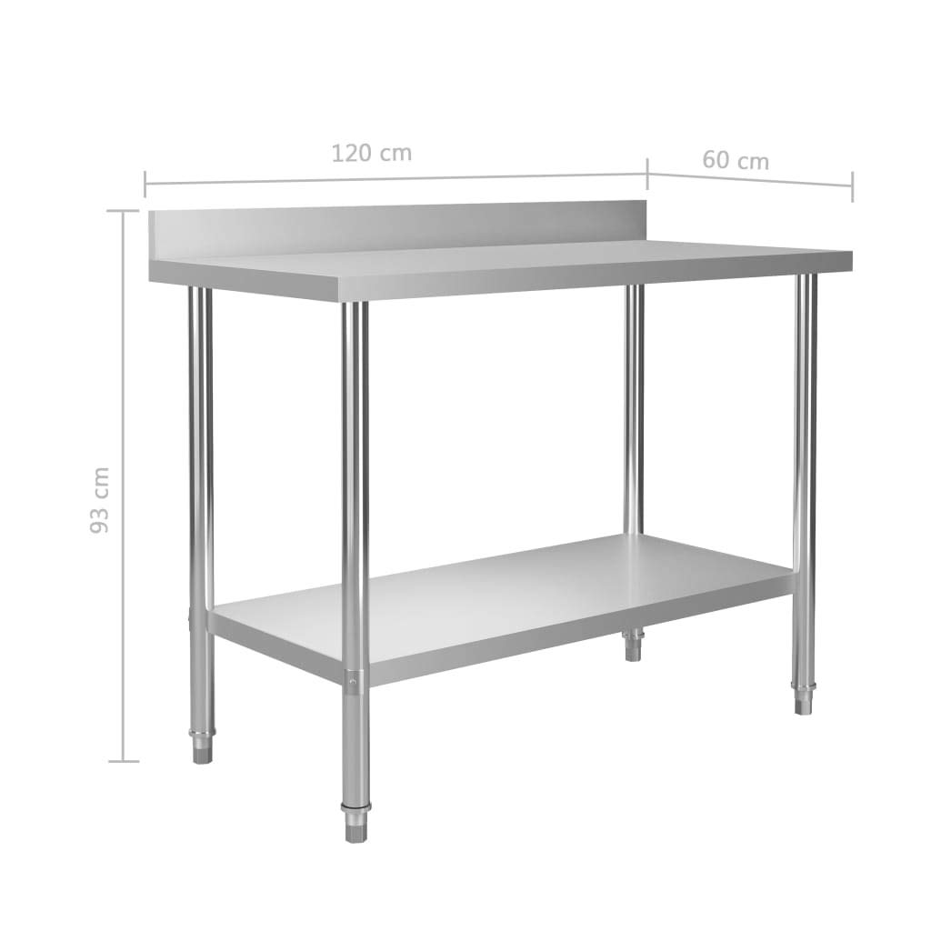 Mesa de trabajo de cocina con estante superior de 120 x 60 x 120 cm, acero inoxidable, mesa de gastro con cantos, patas niveladoras, estante inferior, para cocina, restaurante, catering