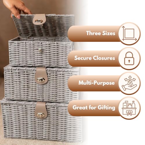 HomeZone Pack of 3 Lockable Grey Wicker Storage Basket with Lids Rattan Woven Decorative Storage Boxes with Lids Grey Baskets for Bathroom Bedroom Kitchen Stair Baskets Hampers - Cosy Home Interiors HomeZone Pack of 3 Lockable Grey Wicker Storage Basket with Lids Rattan Woven Decorative Storage Boxes with Lids Grey Baskets for Bathroom Bedroom Kitchen Stair Baskets Hampers - Image 5