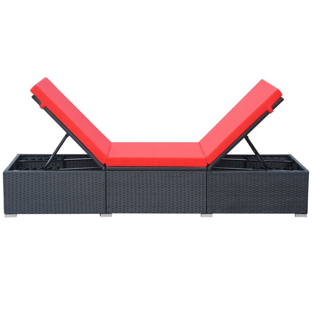 Leżak ogrodowy z poduszką polirattan czarny czerwony regulowany składany wygodny leżak rattanowy z regulowanym oparciem na taras basen ogród 195x60x31 cm