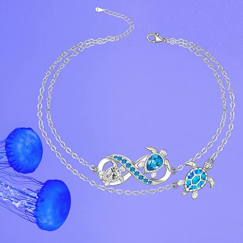 Image of Fenthring Turtle Anklet S925 Sterling Silver Blue Opal Sea Turtle Ankle Bracelets for Women Infinity Wave Ocean Beach Summer Foot Bracelet Jewelry Layered Adjustable