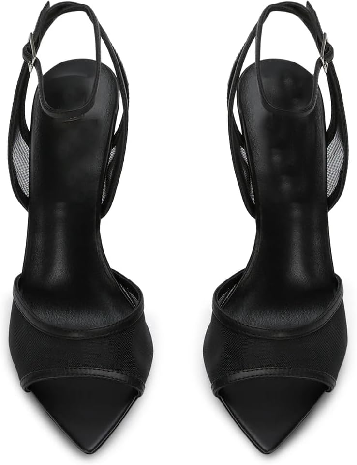 YIYA Women's Black Mesh Slingback Kitten Heels Sandals Open Peep Pointed Toe Stiletto High Heels Ankle Buckle Strap Summer Party Dress Pumps Shoes - Image 7