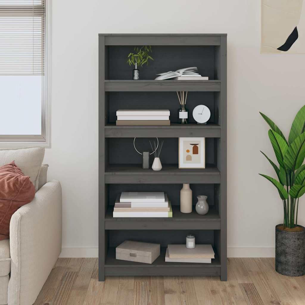 Libreria grigia in legno massiccio di pino, 80 x 35 x 154 cm