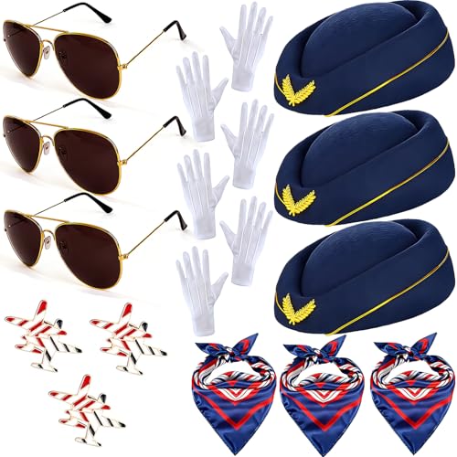 JehaYu 18 Pcs Flight Attendant Costume Accessories Stewardess Costume Flight Attendant Hat Pilot Costume Outfit Women Pilot Dress Uniform for Stewardess Women Party