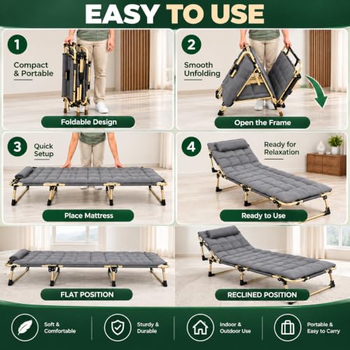 Image of Folding Bed Single for Sleeping with Mattress for Adults Foldable Recliner Bed with Removable Cushion Mattress and Pillow Camping Bed for Travelling Suits Upto 150KG (193cmx67cm X33cm)