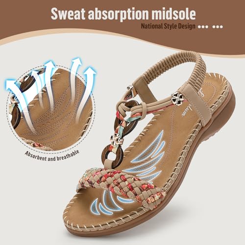 Image of Littleplum Women Sandals Arch Support Handmade Bohemian Braided Flat Sandals Comfort Walking Beach Ankle Elastic Summer Shoes