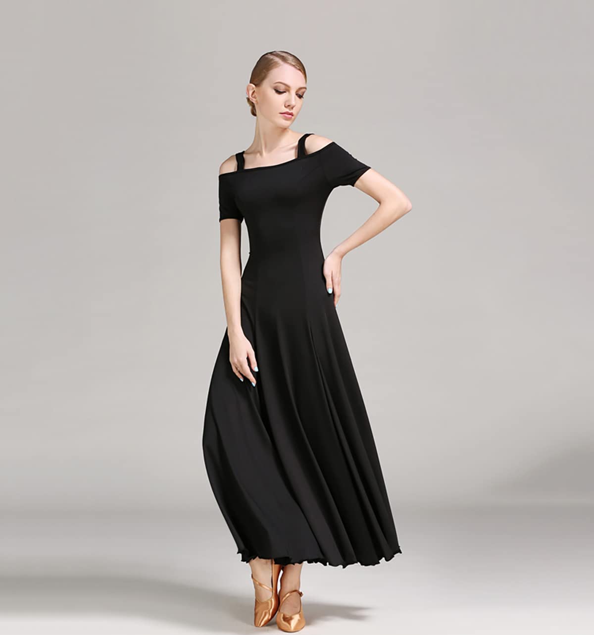 Kobieta? moda seksowna sukienka na ramię solidna długa sukienka na imprezę elegancka sukienka nowoczesna walc ubrania do tańca balowego taniec duża spódnica swingowa odzież performance M