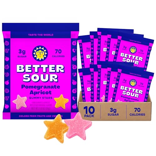 Better Sour Pomegranate Apricot Gummy Stars Candy Healthy Candy with Low Sugar Gummies Fiber Gummies with Added Fiber (Pack of 10)