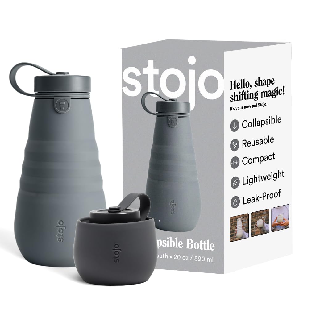 STOJO Collapsible Water Bottle – Carbon Gray, 20oz 592ml Leak-Proof  Reusable Silicone Travel Cup for Hot Cold Drinks Microwave Dishwasher