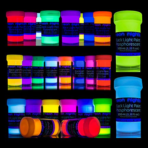 neon nights 'Glow Crafts XXL Set' 26 Cans of Paint | Glow In The Dark + UV Black Light + Invisible Fluorescent Paints | Luminescent, Phosphorescent, Self-Luminous | for Premium Art and Wall Paintings