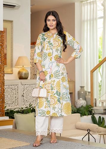Image of Pistaa's Women's Floral Print A-Line Kurta with Lace Palazzos