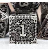 PJOY Metal DND Dice Set Antique Silver Fire-Breathing Dragon D&D Polyhedral Dice W/ Dice Case for...