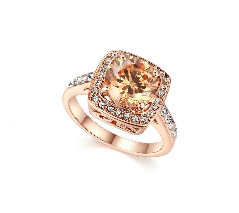 YUANYI 18K Rose Gold Plated Yellow Shinning Cubic Zirconia Topaz Princess Cut Champagne Ring for Women US Code 8 DD067