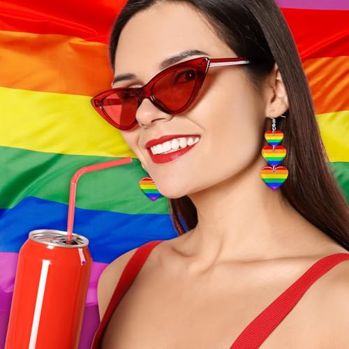 LGBTQ Rainbow Pride Earrings for Women Triple Love Heart Earrings Dangling Gay Lesbian Bisexual Transgender Jewelry Accessories for Pride Month3