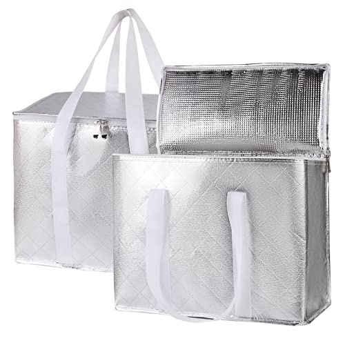 Bodaon 1-Pack Insulated Reusable Grocery Shopping Bags, X-Large Insulated Food Delivery Bag, Picnic Cooler Bag with Zipper/Zippered Top Cold, Silver