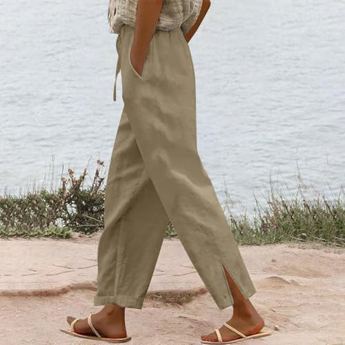 Summer Pants for Women 2025 Baggy Lightweight Slit Wide Leg Linen Pants Casual Elastic Waist Gauze Lounge Trousers2