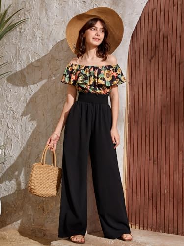 Image of Milumia Girl's Casual Smocked Paperbag High Waist Pocket Wide Leg Pants Black 10Y