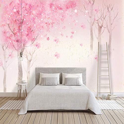 BYSQX Fond D'Écran 3D Mural Peint À La Main Aquarelle Rose Cerisier Papier Peint Intissé Tapisserie Murales Panoramique 3D Mur De Fond Tv Papier Peint Chambre Enfant Adulte Poster Murales 350X256Cm