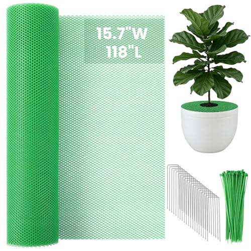 NRWRTY Plant Pot Grid Set 15.7 W x 118 L Indoor Plant Protector from Cats Cuttable Pot Soil Cover Protector from Animals with Stakes & Zip Ties for Garden Balcony Fits Different Pot Sizes(Green)
