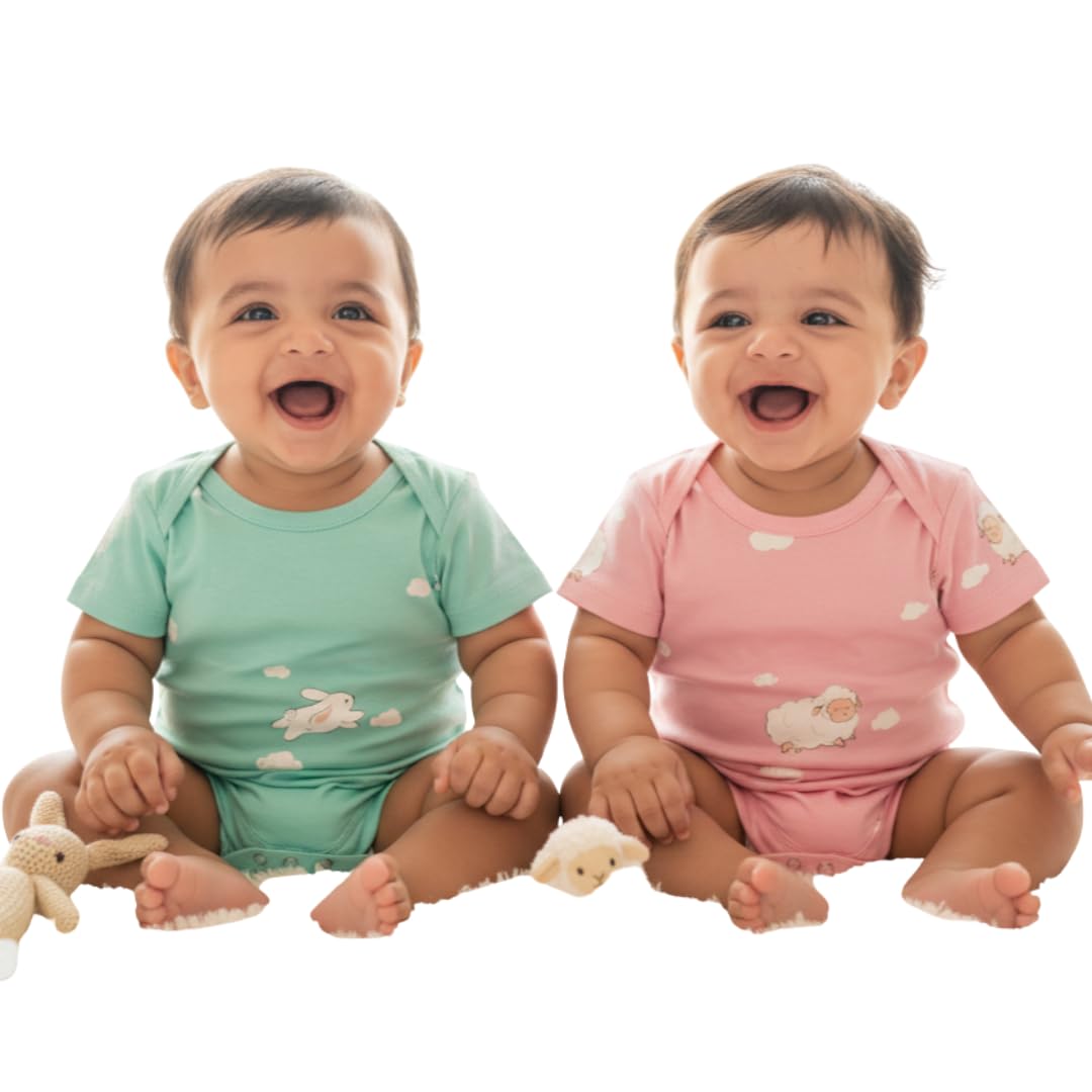 Cotton Sheep & Bunnies Theme Print Twins Onesie Set for Babies-image-36