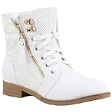  Stylische Damen Stiefeletten Worker Boots Knöchelhohe Stiefel Gesteppt Damen Leder-Optik Zipper Ketten Schuhe 134634 Weiss 36 Flandell