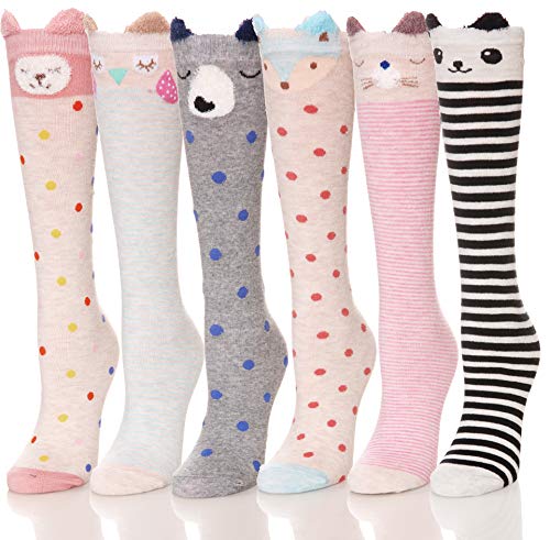 ANLISIM 6 Pair Girls Knee High Socks Cute Animal Pattern Novelty Fashion Soft